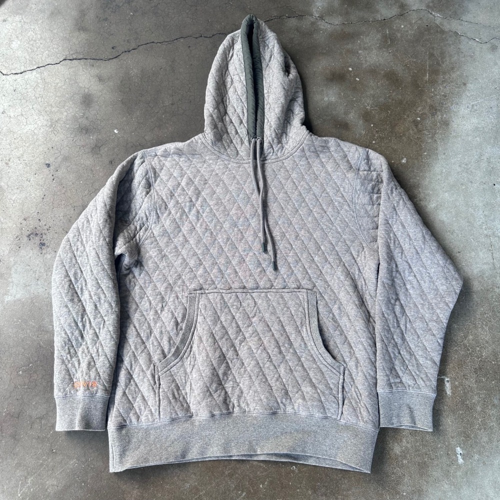 Orvis Quilted Hoodie Mens Medium Gray Excellent Diamond Pattern Pullover